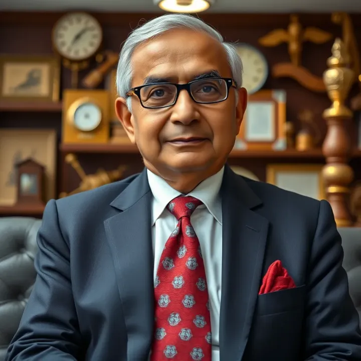 Portrait of AC Agarwal surrounded by symbols of business growth and education