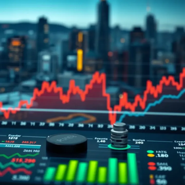 Illustration of financial charts and company performance metrics against industry background
