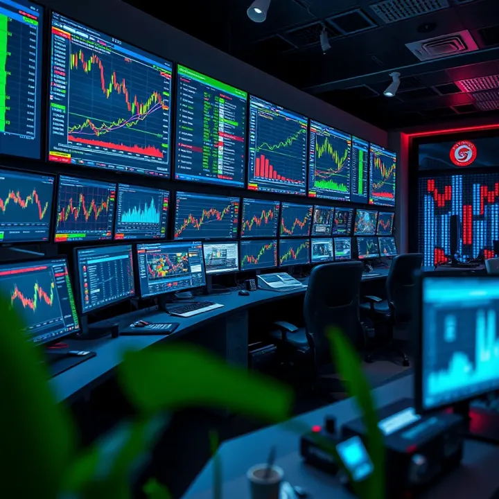 Modern financial workspace with multiple screens showing trading data and graphs