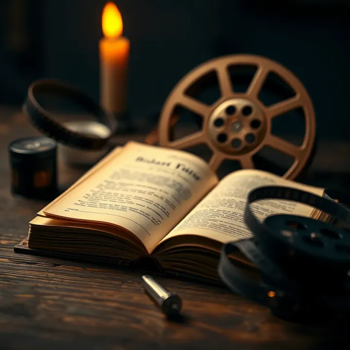 Open book and vintage film reels symbolizing literary and cinematic contributions