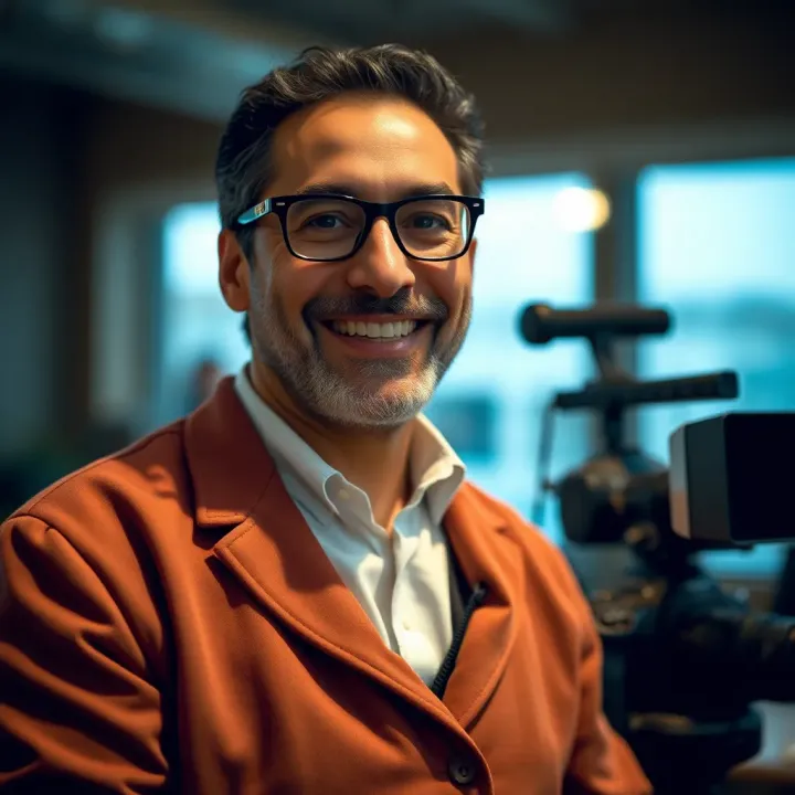 Portrait of Bijan Tehrani smiling with a film camera in the background