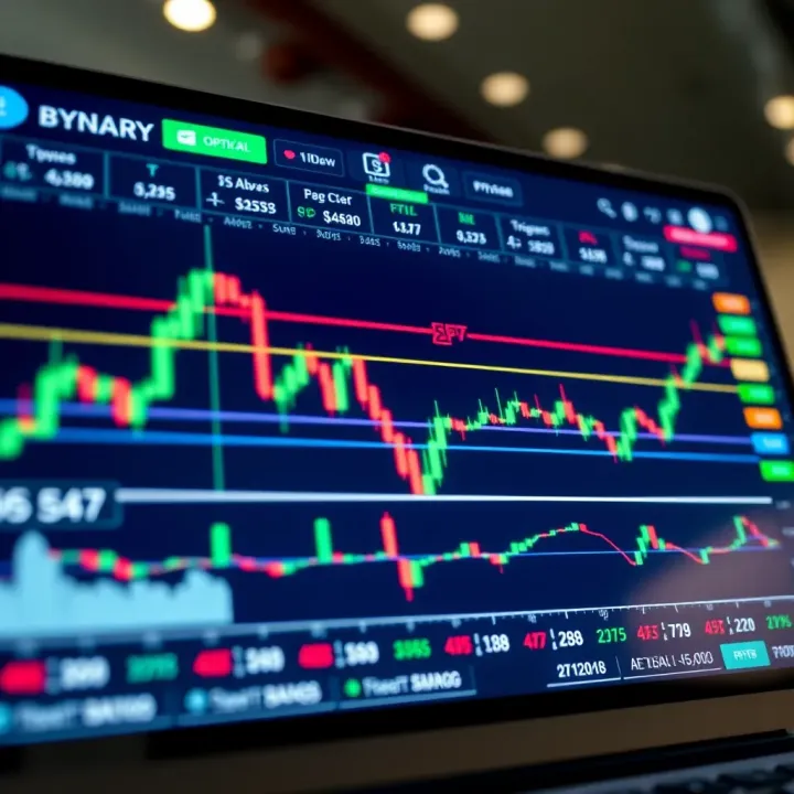 Graph showing binary option trading platform interface with charts and trading options