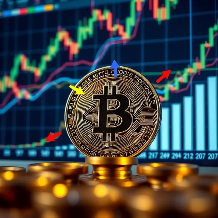 Digital representation of Bitcoin with arrows indicating potential price movements and risk factors