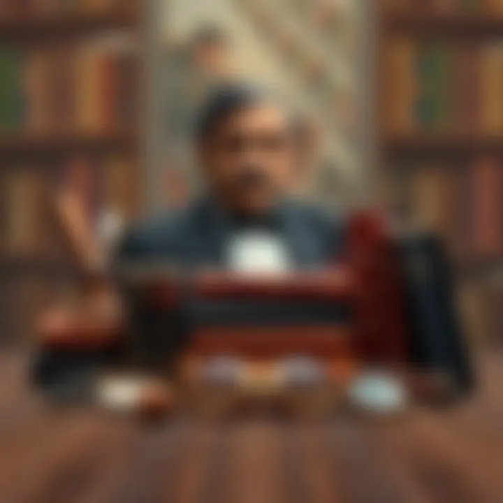 Illustration of books and entrepreneurial tools representing AC Agarwal's literary and business contributions
