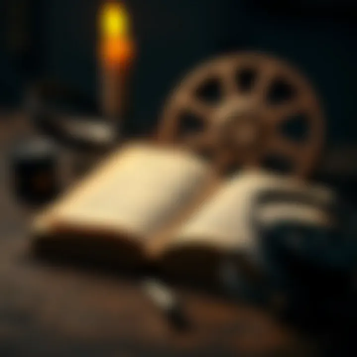 Open book and vintage film reels symbolizing literary and cinematic contributions