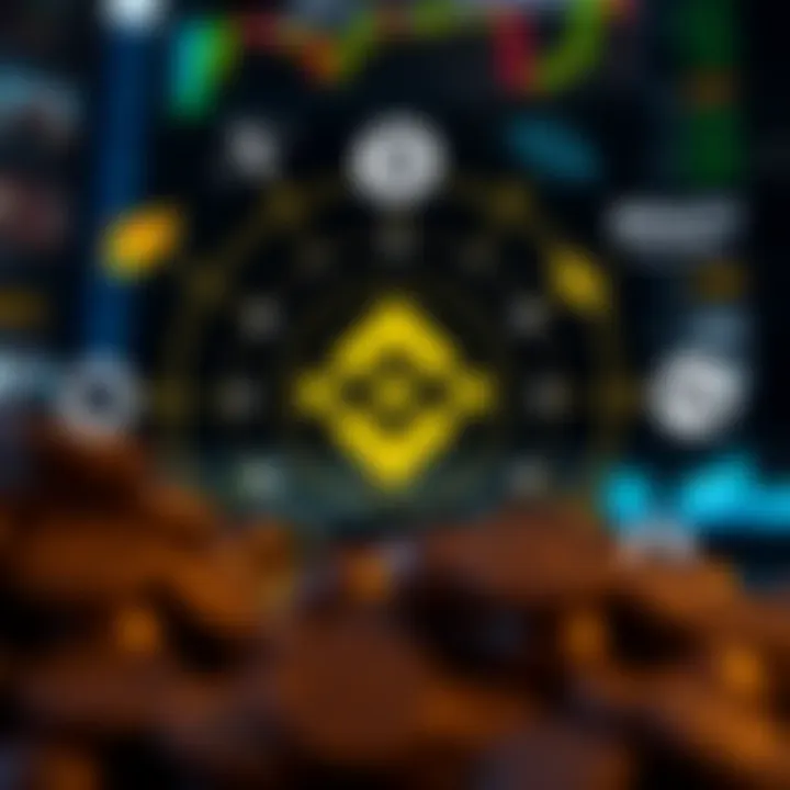 Illustration of Binance Coin logo surrounded by icons representing market factors and risk elements