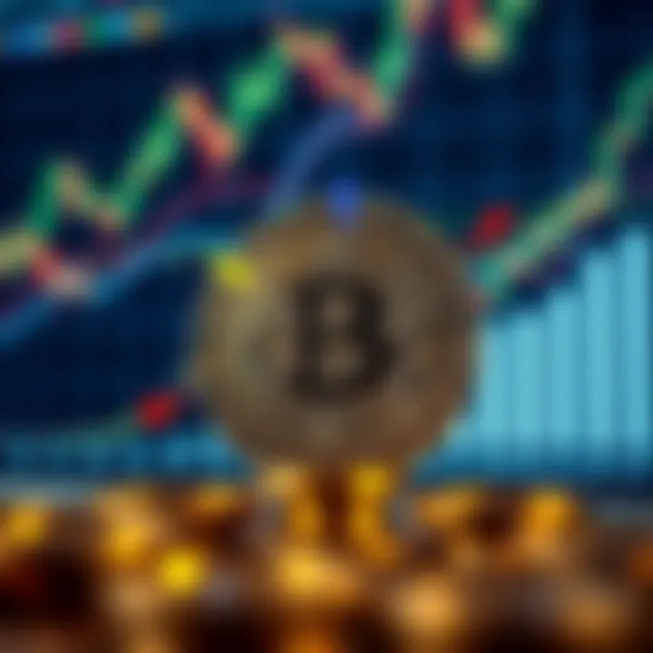 Digital representation of Bitcoin with arrows indicating potential price movements and risk factors