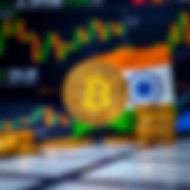 Illustration of Bitcoin symbol alongside Indian flag and financial charts