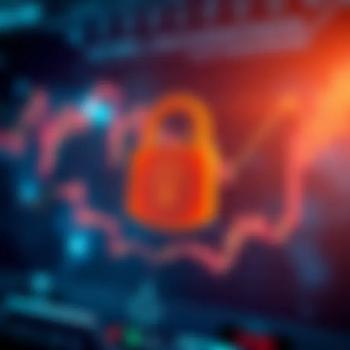 Secure digital transaction symbol with a lock and financial icons representing safe trading