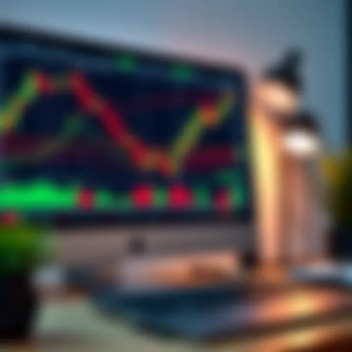 Illustration of a computer screen displaying various binary trading graphs and charts with Indian currency symbols