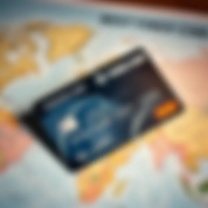 Close-up of a forex card and a world map indicating international travel destinations
