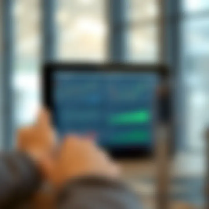 Tablet displaying a stock market trading app with charts and graphs