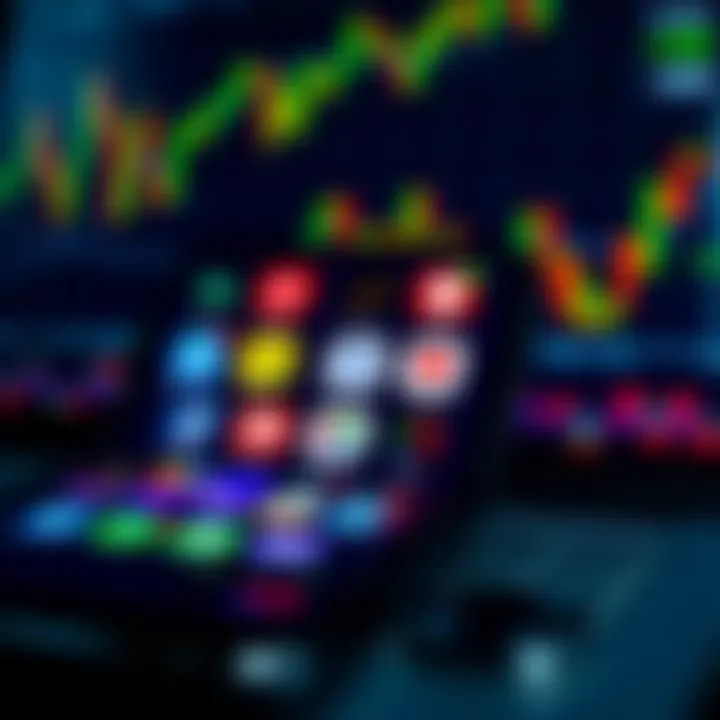 Smartphone displaying various brokerage trading app icons with financial graphs in the background