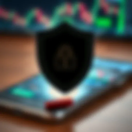 Secure digital shield icon overlaid on a smartphone with stock market graphics, highlighting app security features
