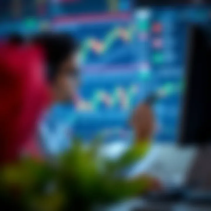 Customer service representative assisting a trader through a phone call with digital trading charts in the background