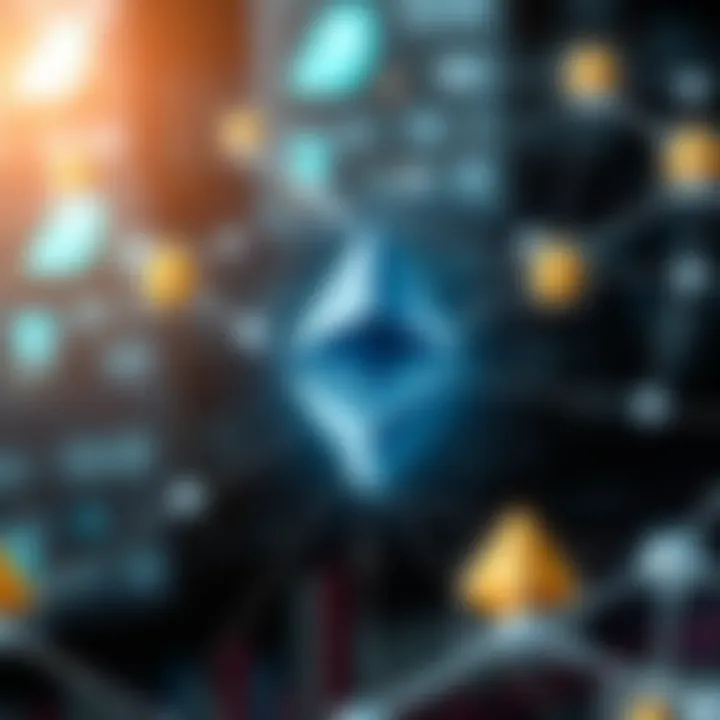 Conceptual visualization of blockchain network with Ethereum symbols and digital connections