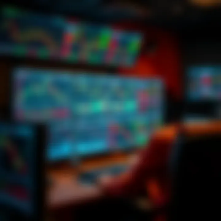 Workspace with multiple monitors displaying forex charts and trading strategies