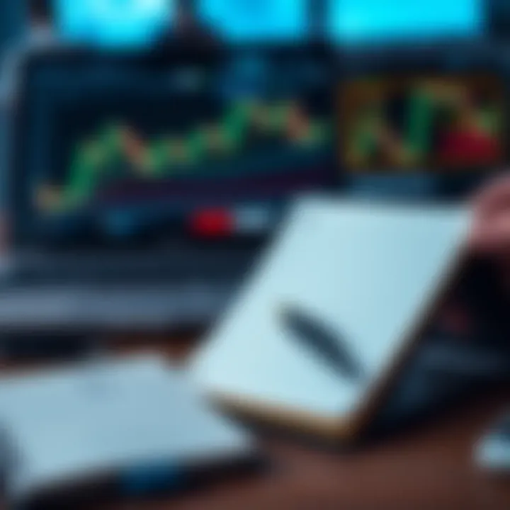 Essential Trading Tools Featuring Digital Platforms and Strategy Notes Collection of essential trading tools including a laptop displaying trading platform and a notebook with strategy notes