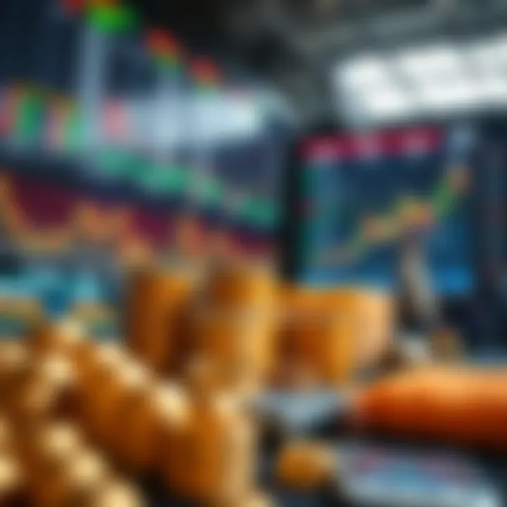 Visual representation of a commodities market with icons of gold, oil barrels, and agricultural products trading
