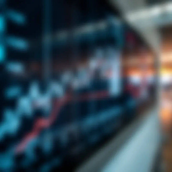 Graph showing stock market trends with arrows indicating price movements and stock symbols