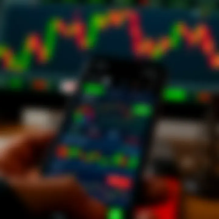 Mobile screen displaying the IQ Option app interface with various trading graphs and financial instruments