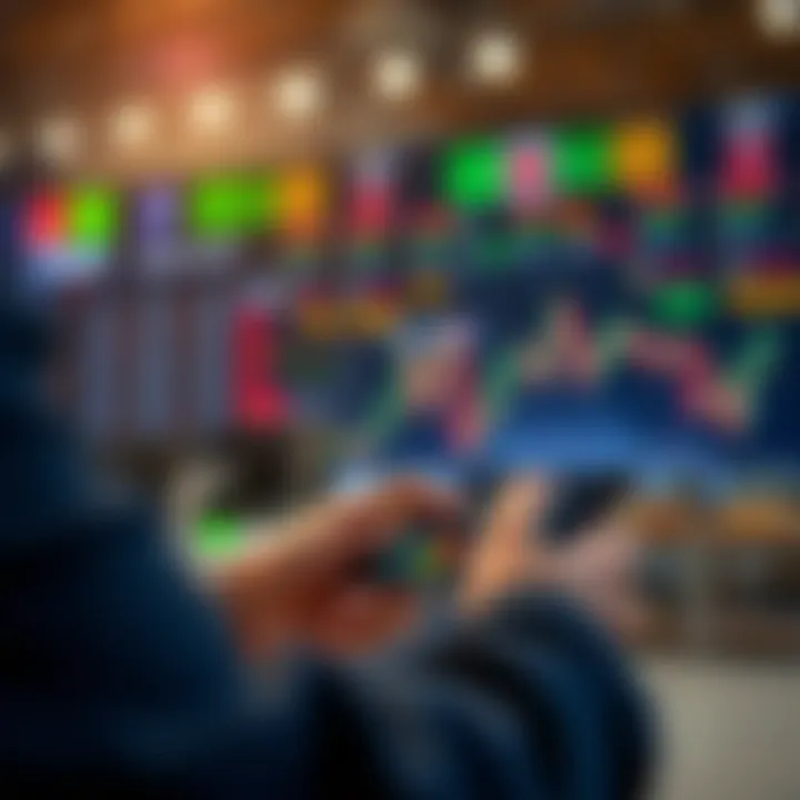 User interacting with a mobile app to practice stock trading with simulated funds and analytics