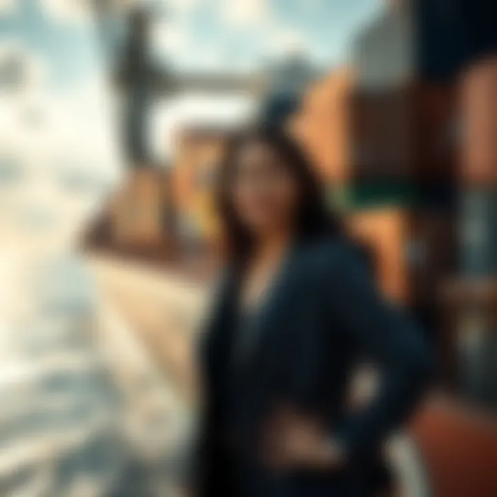 Rafaela Aponte-Diamant standing confidently aboard a large container ship with the ocean in the background