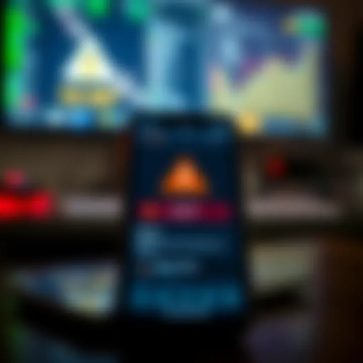 Mobile phone displaying a fraudulent trading application interface with warning symbols