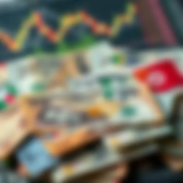 Collection of international currency notes and charts representing diverse trading strategies