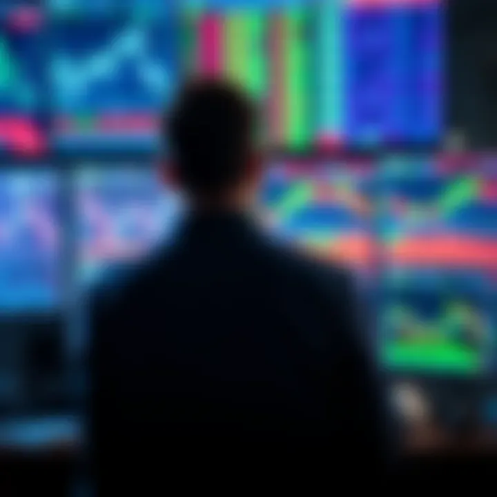 Graphic depicting a trader analyzing vibrant graphs on multiple screens symbolizing strategy practice without financial risk