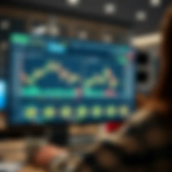 Virtual trading platform interface displaying graphs and asset options for practice trading