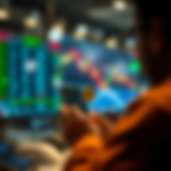 Practicing Currency Trading Using a Forex Demo App Illustration of a person practicing forex trading on a smartphone with virtual currency symbols around