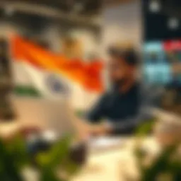 Graphic depicting a trader analyzing market trends on a laptop with Indian flag colors in the background