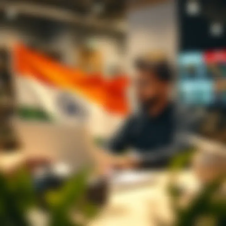 Challenges and Considerations for Indian Traders Using Online Trading Services Graphic depicting a trader analyzing market trends on a laptop with Indian flag colors in the background