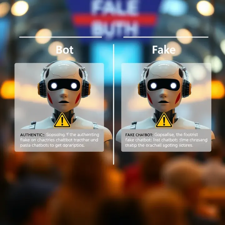 Visual representation of authentic versus fake chatbot characteristics highlighted with icons and warning signs