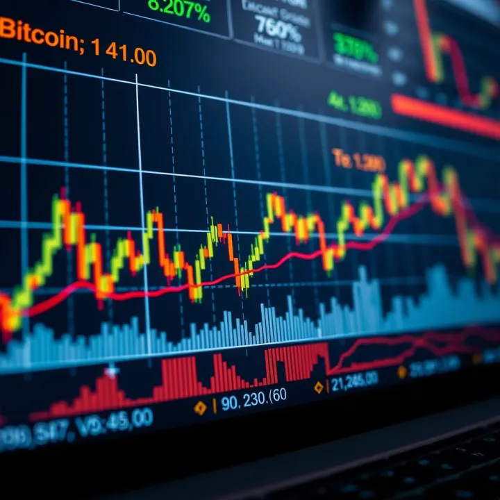 Graph showing recent Bitcoin price fluctuations with highlighted trend lines and trading volume