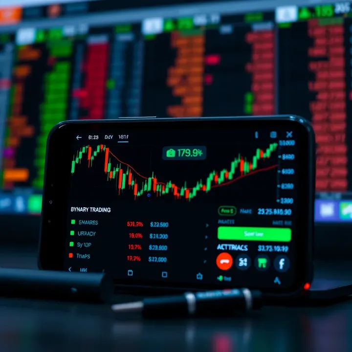 Mobile device displaying a binary trading app interface with charts and trading options