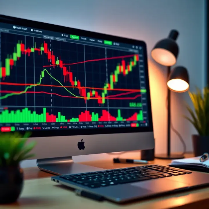Illustration of a computer screen displaying various binary trading graphs and charts with Indian currency symbols