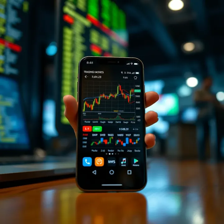 Close-up of a modern smartphone displaying live stock market charts and trading apps