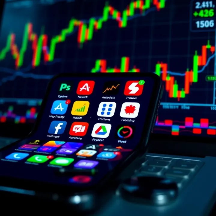 Smartphone displaying various brokerage trading app icons with financial graphs in the background