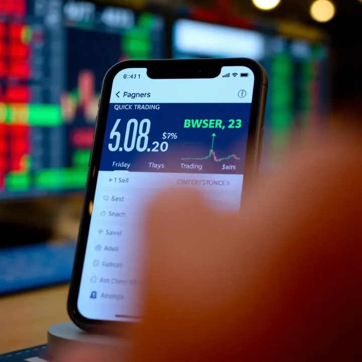 Mobile device screen showing a quick trading app interface with stock charts and buy sell options