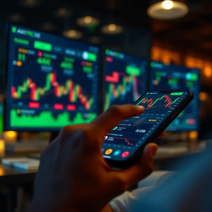 User interacting with a mobile trading application displaying stock charts and financial data