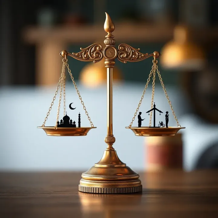 Conceptual illustration showing a balance scale with Islamic symbols and trading icons, representing the assessment of halal and haram in financial trades