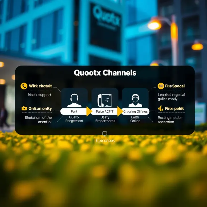 Diagram showing various contact options for reaching Quotex support including phone and online methods