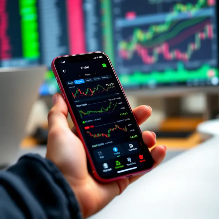 Smartphone displaying various trading app interfaces with financial data and stock charts
