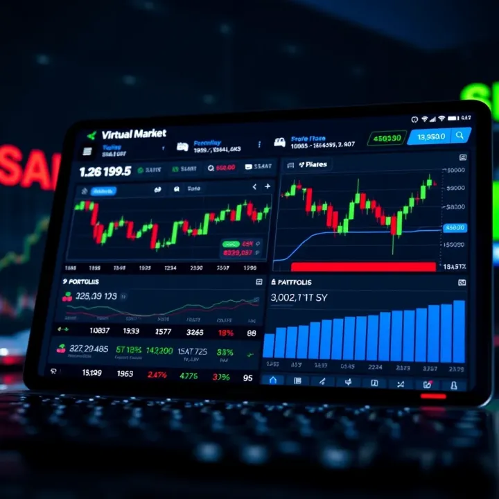 Interface of a demo share market app displaying virtual stock trading charts and portfolio performance