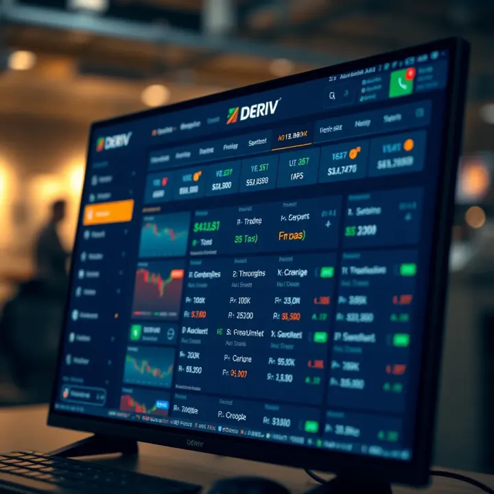 User interface of Deriv trading platform showing various financial instruments and account options