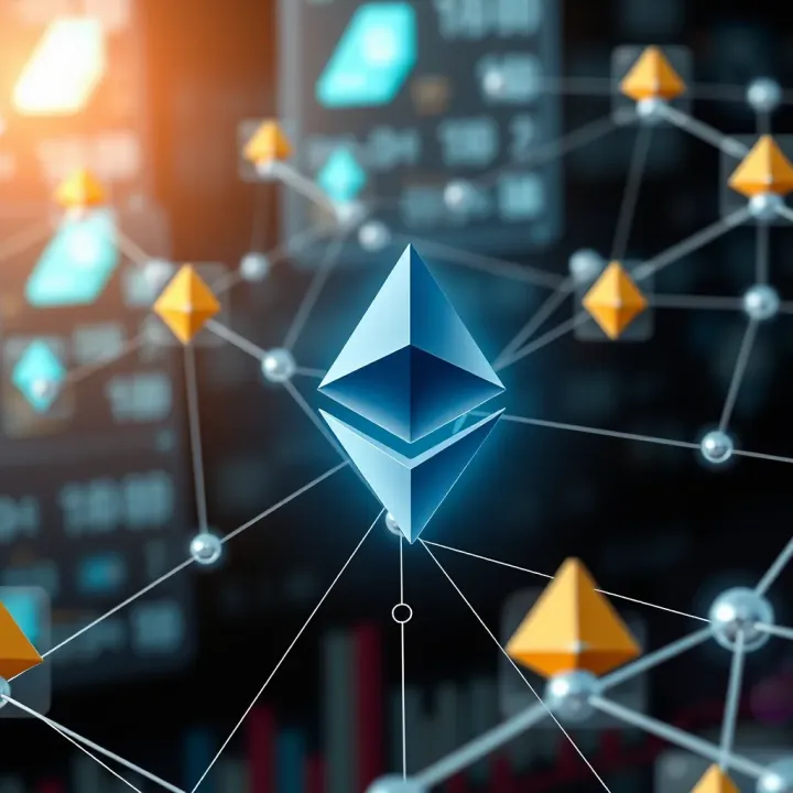 Ethereum Network Structure and Influencing Factors Conceptual visualization of blockchain network with Ethereum symbols and digital connections