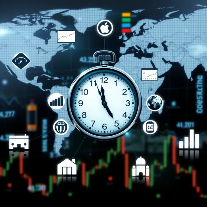 Global financial market icons connected to a central clock representing time zone differences