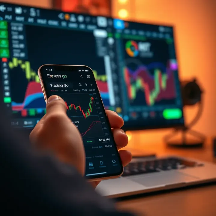 Mobile phone displaying Exness Go app interface with live trading charts and market data